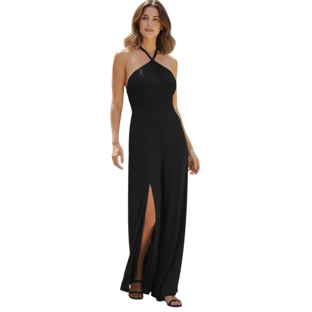 Dress The Population‎ Brianna Maxi Dress L Black Halter Slit Formal Gown Wedding